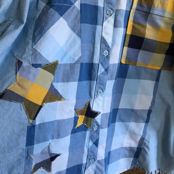 Mixed Plaid Button-Down Shirt, M-XL: Upcycled Oversized Boho Top, Stars & Fringe - Picture 6 of 10